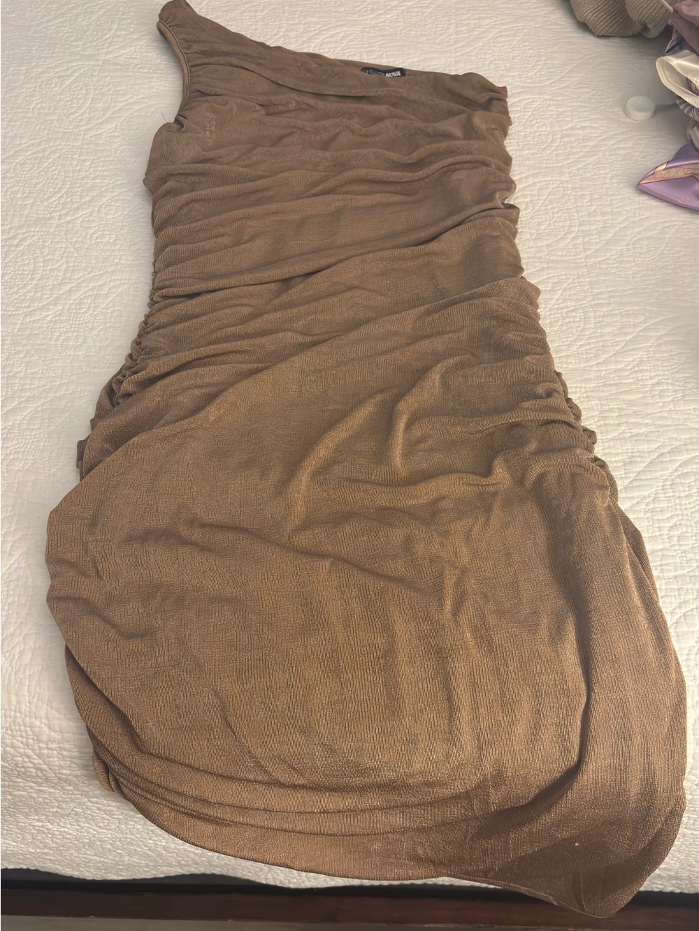 Fashion Nova One-Shoulder Ruched Tan/Brown Midi Dress